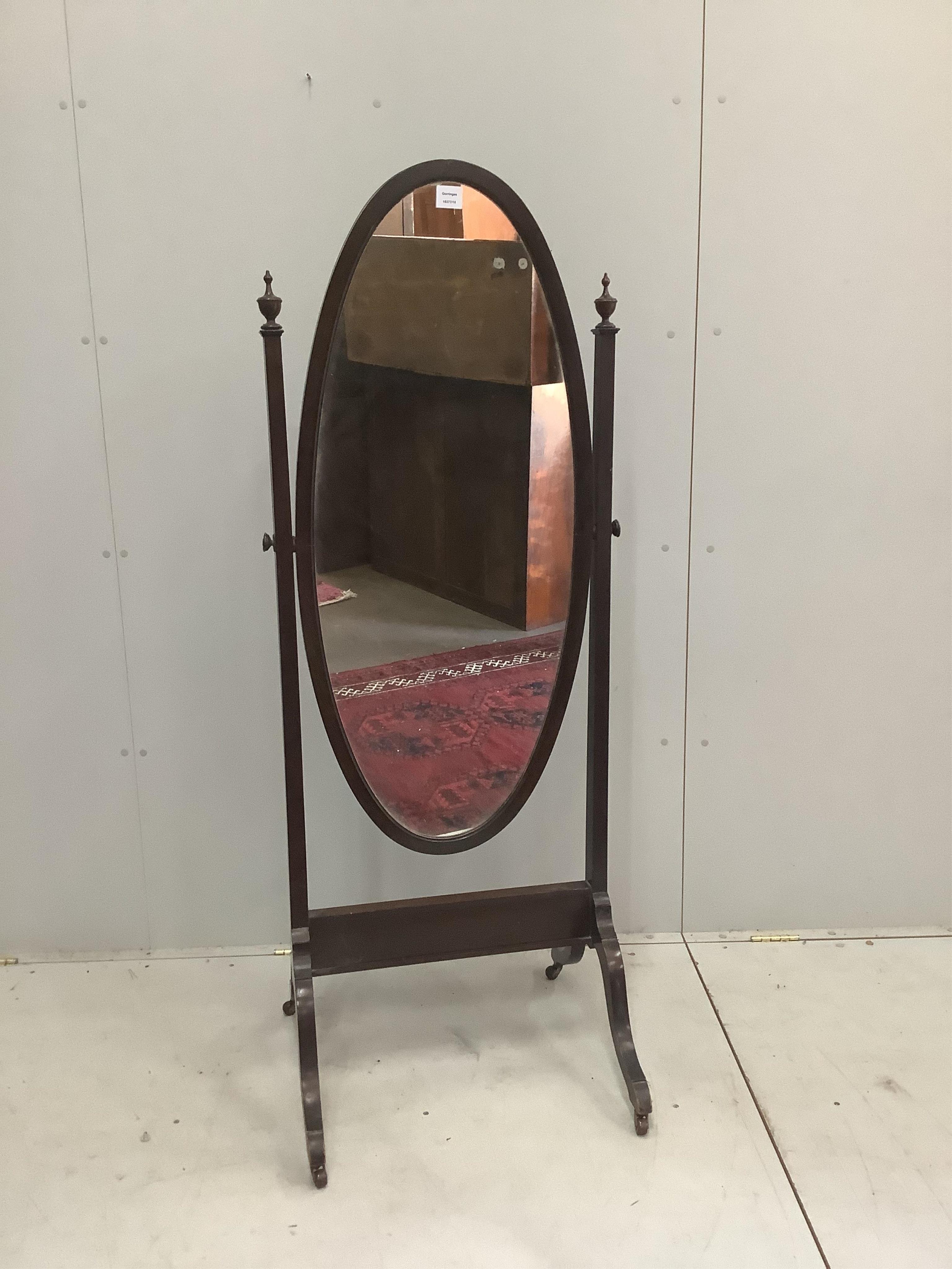 An early 20th century mahogany cheval mirror, height 159cm. Condition - fair